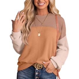 WIHOLL Fall Clothes For Women 2024 Long Sleeve Casual Shirts Work Ladies Waffle Striped Knit Tops Crewneck Sweatshirts Trendy Khaki L