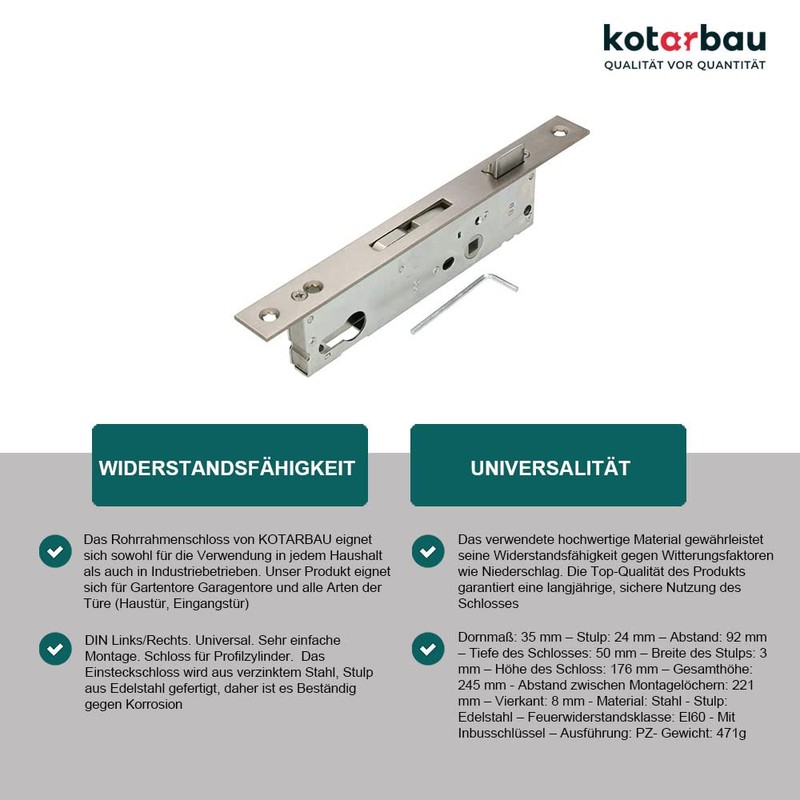 KOTARBAU Tubular Frame Lock 92 mm Backset 30/35 mm Stainless