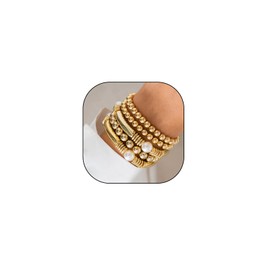 Cyberpunk Pearl Beaded Bracelet Set for Teen Girl 18K Gold Stacked Beaded Bracelet for Women Chunky Exaggerated Metal Bend Stretchable Bracelet (GG)