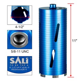 SALI Diamond Core Drill Bits 4 1/2" Diameter 10"/254mm Drilling Depth 5/8-11" Thread Core Bit Turbo Laser-Welded Segments for Cured Concrete with, Brick, Block, Masonry, with Two Adapters