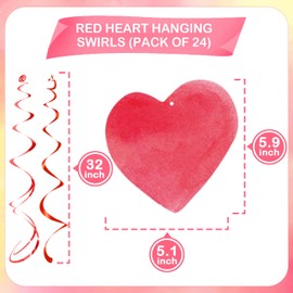 Red Pink Heart Hanging Swirl Decorations, Foil Ceiling Hanging Whirls for Valentines Day Decorations Galentines Birthday Engagement Wedding Party Supplies 24 Pcs