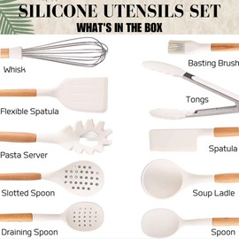 Five14 White Silicone Cooking Utensils Set Non Toxic - 11 Pcs Nonstick Kitchen Utensils Set with Holder - Heat-Resistant, BPA Free Spatula Set with Heat Resistant Wood Handles for Nonstick Cookware