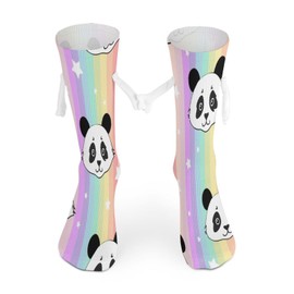 1 Pair Soft Socks White Holding Hands, Compression Knee High Stockings Long Athletic Circulation 16x3.9 in Print Panda Heads On Stars Rainbow Color Stripes