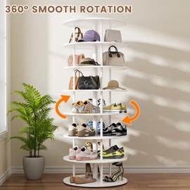 ALLSTAND 7-Tier Rotating Shoe Rack Tower with Anti-tip Fitting, 360 Spinning Rack with Steel Rods, Free Standing Round Shoe Rack, Lazy Susan Shoe Storage Organizer for Living Room (White, 7-Tier)