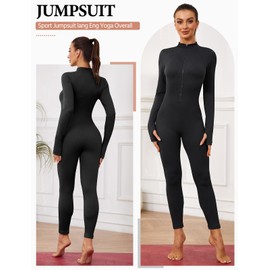 Voqeen Jumpsuit Women's Long Sleeve Zip Up Leggings V-Neck Yoga Jumpsuit Elegant Playsuits Jogging Romper Trouser Suit Tracksuit, black