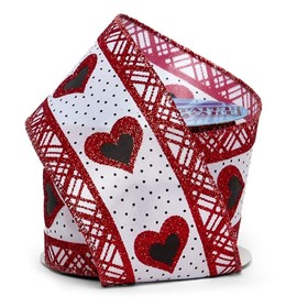 2 1/2" X 10 Yards Glitter Hearts & Dots On Wired Ribbon - Red/White - Roll 1