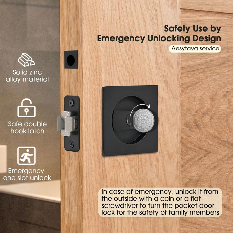 Aesytava Matte Black Privacy Pocket Door Lock, Heavy Duty Square