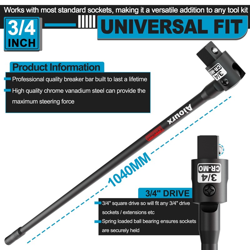 3/4” Drive 41 Inch Breaker Bar, Heavy Duty Head, Premium
