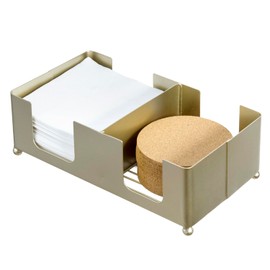 MyGift Disposable Napkin and Drink Coaster Holder, Modern Brass Tone Metal Bar Countertop or Coffee Table Guest Tray Fits Round/Square Coasters & 5'' Napkins