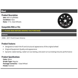 Steel Wheel - Black - 17 Inch - Compatible with 2006-2011 Ford Crown Victoria