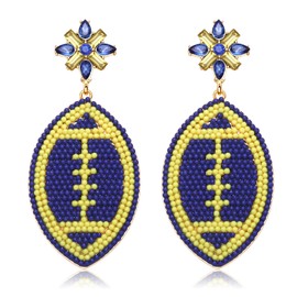 Beaded Football Earrings for Women Rhinestone Beads Game Day Earrings Sports Team Dangle Earrings Football Mom Accessories Jewelry Gifts (Blue Yellow)