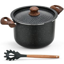 NutriChef 5qt Pasta Pot with Strainer Lid & Pasta Fork | Non-Stick Cooking Pot | Lockable Lid, Heat Resistant Handles | Even Heat Distribution | Easy Clean | Black Marble