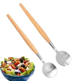 Vastsea 2 Pieces Salad Servers Set, Salad Spoon and Fork Set, Stainless Steel Salad Spoon and Stainless Steel Salad Fork, with Wooden Handle, Salad Forks, Salad Forks, for Party, Family Dinner,