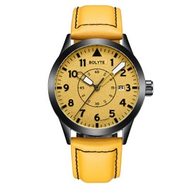 BOLYTE Automatic Mechanical Mens Watches Self Winding Auto Date Military Sports Male Wristwatch with Leather Strap (Yellow)