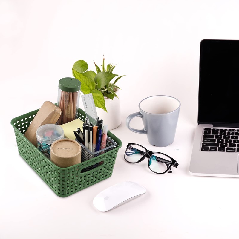 Rinboat Plastic Woven Storage Baskets, Rectangle Kitchen Organizer Bin, 6