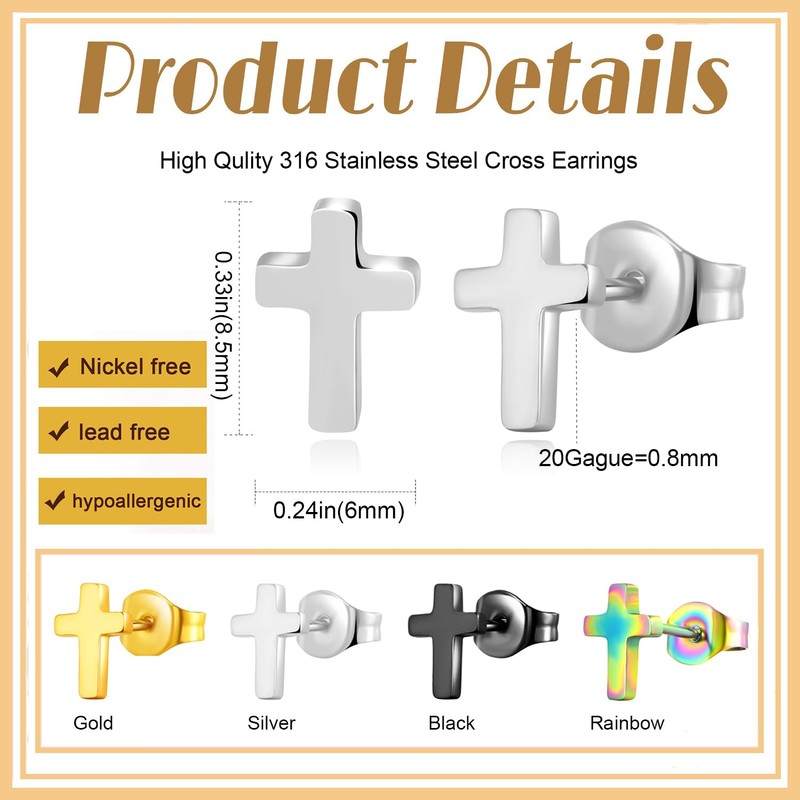 Stainless Steel Tiny Classic Cross Stud Post Earrings for women