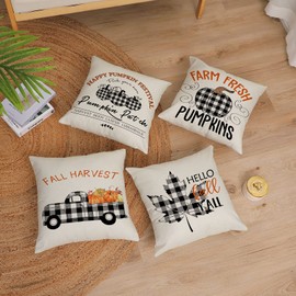 Set of 4 Fall Pillow Covers 16x16 Inch Thanksgiving Decor Throw Pillows Covers Plaid Pumpkins Autumn Leaves Decorative Home Outdoor Sofa Couch Pillow Cases for Fall Theme Decorations (16 by 16)