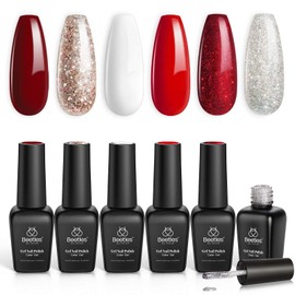 Beetles Candy Cane Gel Nail Polish Set - 6 Pcs Gel Polish Glitter Burgundy Red Sparkle Gel Kit Snow White Silver Nail Gel New Year Kit Girlfriend Christmas Nail Art Design Gifts for Women Mom Mother