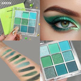 KUIRUNRX® Lidschatten Palette, 9 Farben Grüne Glitzer Lidschatten Palette, Matte und Glitzernde Lidschatten Paletten, Glitzernde Augen-Make-up-Kosmetik Für Alle Gelegenheiten