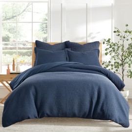 Levtex Home Cloud Waffle Queen Duvet Cover Set (90x94in) with 2 Pillow Shams (26x20in) - Solid Waffle Cotton Texture - Navy - 100% Cotton Queen Size Duvet Cover Set - Soft, Pre-Washed
