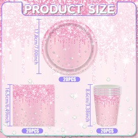 COLANANA Party Supplies,60PCS Pink Birthday Decorations Party Tableware Set Contain Plates Cups Napkin for Baby Shower Birthday Wedding Partys Anniversary(20 Guests)