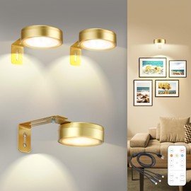 Maooght 3 Pack Gold Picture Lights for Wall, Rechargeable Battery Operated Picture Frame Lights, LED Wall Light for Pictures with 3 Lighting Modes,Magnetic Art Display Light with Remote Dimmable Timer