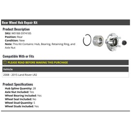 Rear Wheel Hub and Bearing Repair Kit - with Retaining Ring and Axle Nut - Compatible with 2008-2015 Land Rover LR2