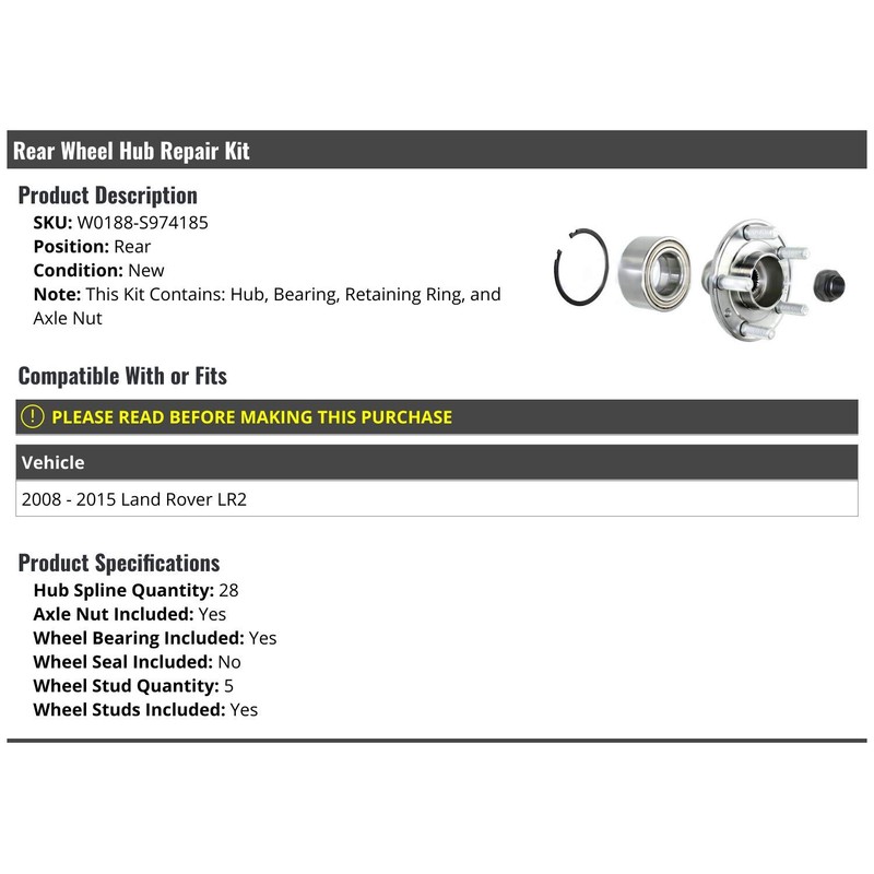 Rear Wheel Hub and Bearing Repair Kit - with Retaining