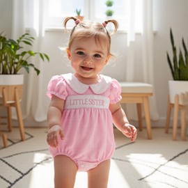 vchoohce Big Sister Little Sister Matching Outfits Short Sleeve Bubble Romper Smocked Dress Toddler Girl Summer Clothes (Pink Romper, 0-3 Months)