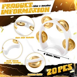 Lukmaa 20 Pcs Tambourine Musical Instrument Handheld Percussion with 4 Gold Metal Jingles Plastic Percussion Tambourine for Adults Party Performance