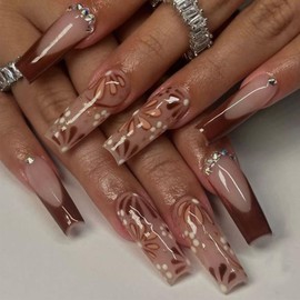 24 Pcs Fall Press on Nails Long Square French Fake Nails 3D Colorful Droplet with Flower Designs Brown False Nails Acrylic Reusable Glossy Full Cover Stick on Nails for Women DIY Decorations