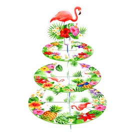 Flamingo Party Decorations - 3 Tier Flamingo Cupcake Stand, Hawaiian Party Decorations, Hawaiian Theme Cupcake Holder, Tropical Decorations Set with Pineapple Flower Designs for Birthday Supplies