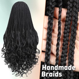 FAVE 30”Full Double Lace Braided Wigs Box Braid Wig with Curly Ends Natural Black Knotless Braid Wigs for Black Women Glueless Braid Wig with Baby Hair Synthetic Handmade Braided Wigs for Daily Use