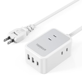 Extension Cord, 6.6 ft (2 m), Power Strip with USB, 3 AC Outlets, USB-C 1 Port, USB-A, 2 Ports, Octopus Outlet, Branching, Table Tap, Swing Plug, Oa Tap, Wall Mounted, Tabletop, Small, Lightweight, Business Trip/Travel