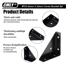 Black 8Pcs 66mm Triangle Shelf Brackets - Corner Desk Connectors for Wood, Metal, Cabinet