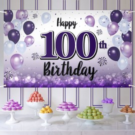 LASKYER Happy 100th Birthday Purple Large Banner - Cheers to 100 Years Old Birthday Home Wall Photoprop Backdrop,100th Birthday Party Decorations.