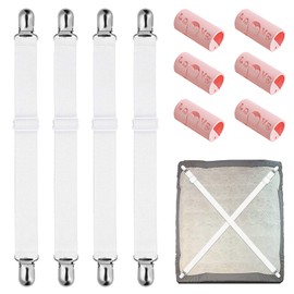 XPOOP Pack of 10 Adjustable Bed Sheet Straps White Elastic Sheet Tensioners White Sheet Tensioners with Metal Clips for Bed Sheet, Mattress, or Sofa