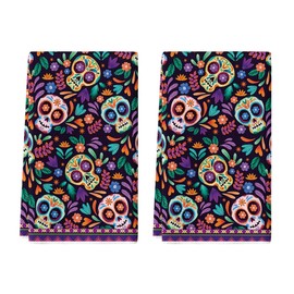 Artoid Mode Sugar Skull Day of The Dead Kitchen Towels Dish Towels, 18x26 Inch Daisy Flower Mexican Decor Hand Towels Set of 2