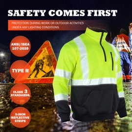 FONIRRA High Visibility Safety Sweatshirt ANSI Class 3 Fleece 1/4 Zip Pullover sweater with Black Bottom for Men(Yellow,2XL)