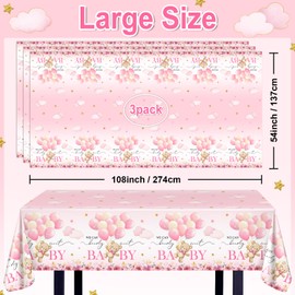 Avezano 3 Pcs Bear Baby Shower Tablecloth We Can Bearly Wait Table Cloths Pink Bear Baby Shower Decorations 108 x 54 Inch