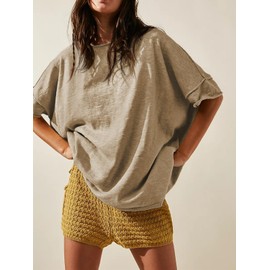 Tankaneo Women's Oversized T Shirts Casual Summer Crew Neck Loose Dropped Short Sleeve Side Slit Hem Blouse Tunic Tops Khaki