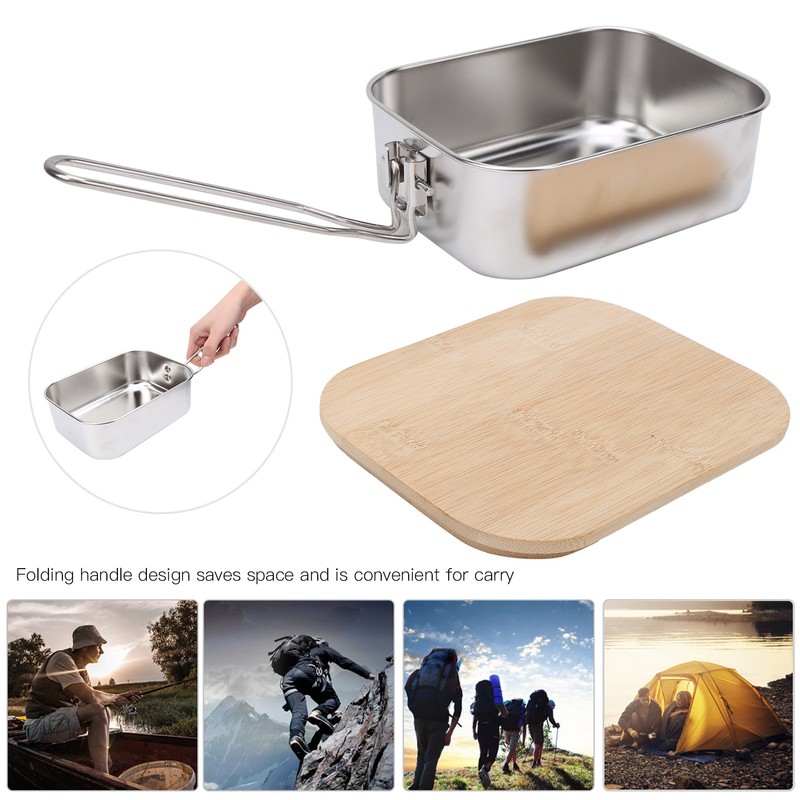 Stainless Steel Lunch Storage Box with Bamboo Lid Portable Camping