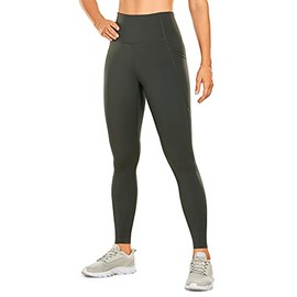 CRZ YOGA Women's Naked Feeling Workout Leggings 28 Inches - High Waisted with Pockets Tummy Control Leggings Grey Olive Small