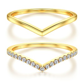 Dochais 2PCS 14k Gold Plated Rings for Women 925 Sterling Silver Wishbone Ring Non Tarnish Wedding Bands Stackable Dainty V Shaped Rings CZ Wedding Rings Promise Ring Engagement 8
