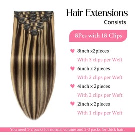 Human Hair Clip in Extensions Dark Brown and Balayage BlondeClip in Hair Extensions Real Human Hair 16inch/100g Straight Clip ins 100% Real Human Hair Extension for Women 8pcs Double Weft