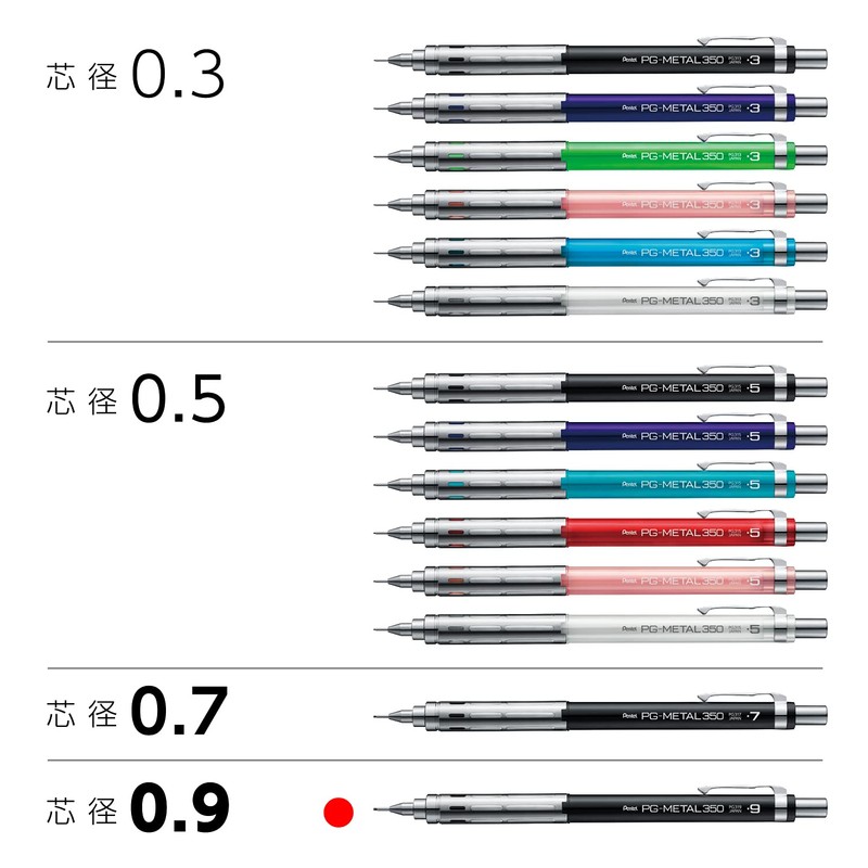 Pentel Mechanical Pencil PG-METAL350 PG Metal 0.9mm Black 5-pack XPG319-A
