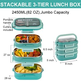 Lille Home 3-Tier Stainless Steel Lunch Box, Portable 82oz Large Capacity Leak-Proof Bento Box,5-Compartment Lunch Box With Lunch Bag And Utensils, Suitable For Work, Camping, Fitness
