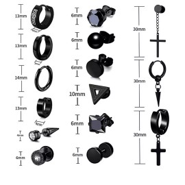 Unbranded 15 Pairs Stainless Steel Earrings, Black Hoop Dangle Stud Cool Piercing Earrings