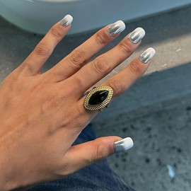 Dikixe Vintage Marquise-Cut Black Onyx Statement Ring, 18K Gold Plated Stainless Steel Black Natural Stone Openwork Adjustable Ring, Cocktail Party Christmas New Year Jewelry Gift for Women, Black