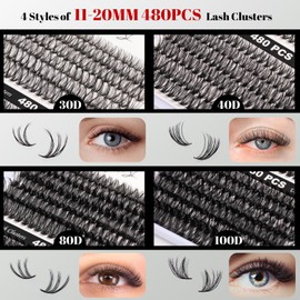 Lash Clusters 480 Clusters 60D 80D Thick Eyelash Extension 30D 40D Fluffy Individual Eyelashes D Curl 11-20mm False Eyelash Multi-Style DIY Lash Extensions for Beginners(30D-80D-D, 11-20MIX)